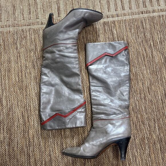 Vintage St. Moritz Gray Red Leather Boots Heels Size 5.5 - Picture 1 of 6